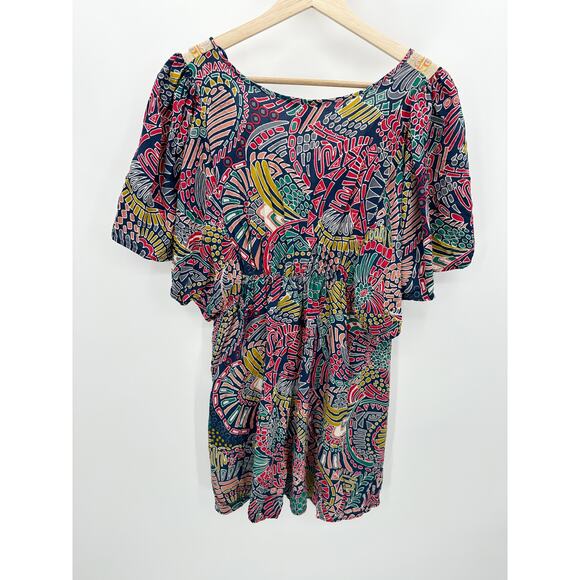 Flying Tomato Dress Women MEDIUM Multi-Color Printed Short Sleeve Tunic Mini - Picture 2 of 8